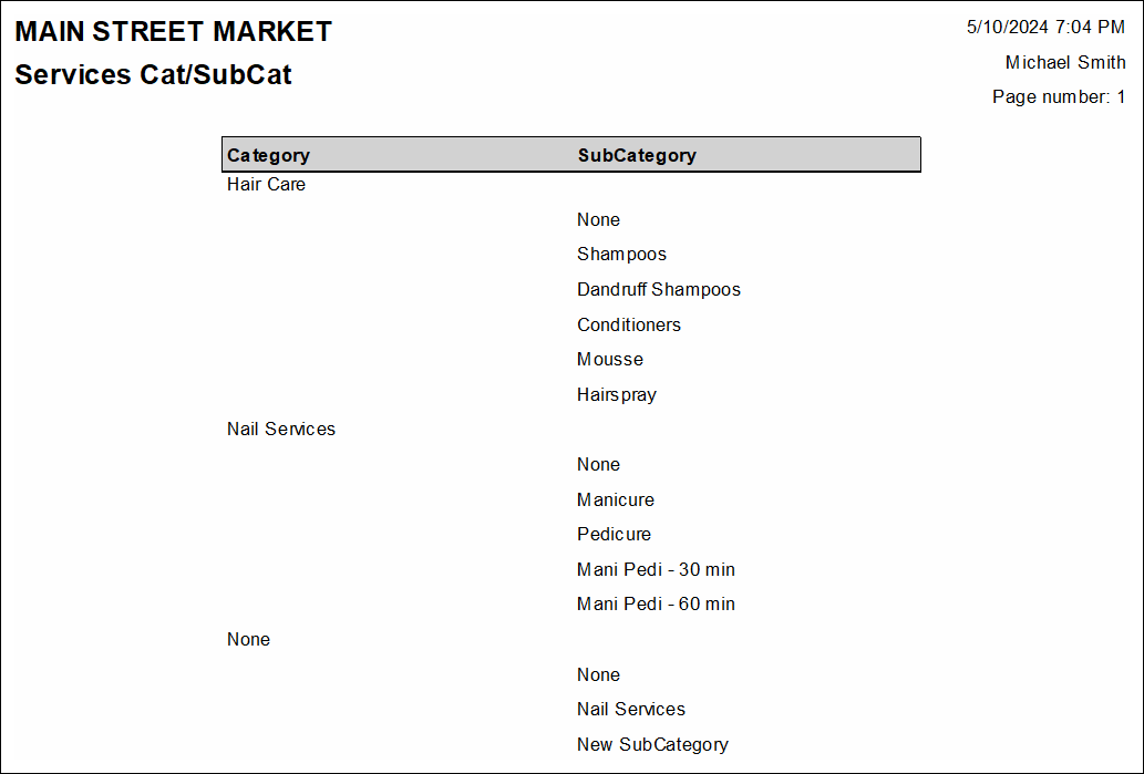 Sample service categories report with category and subcategory assignments displaying