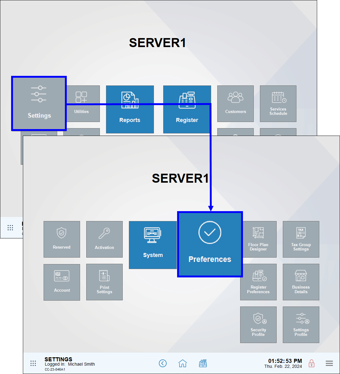 Settings module highlighted with arrow leading to preferences submodule