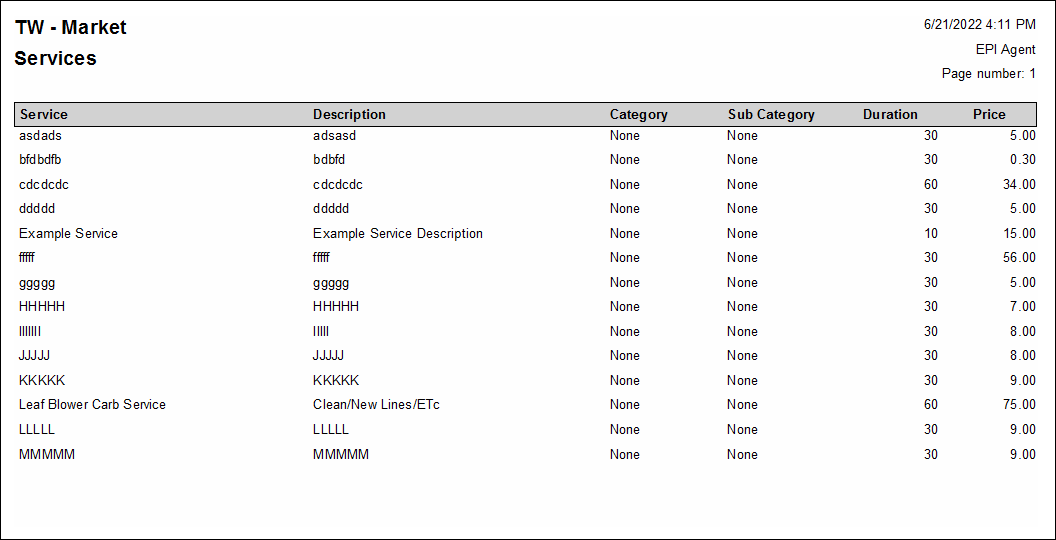 Sample services report with service sales and pricing data displaying