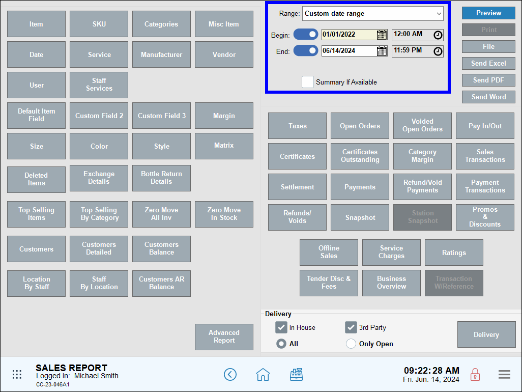 Custom date range settings on sales report screen