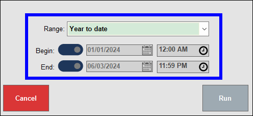 Pop-up screen with date range and custom date range fields displaying
