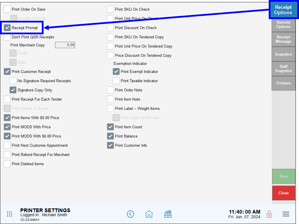 Receipt options tab highlighted with arrow leading to receipt prompt checkbox setting