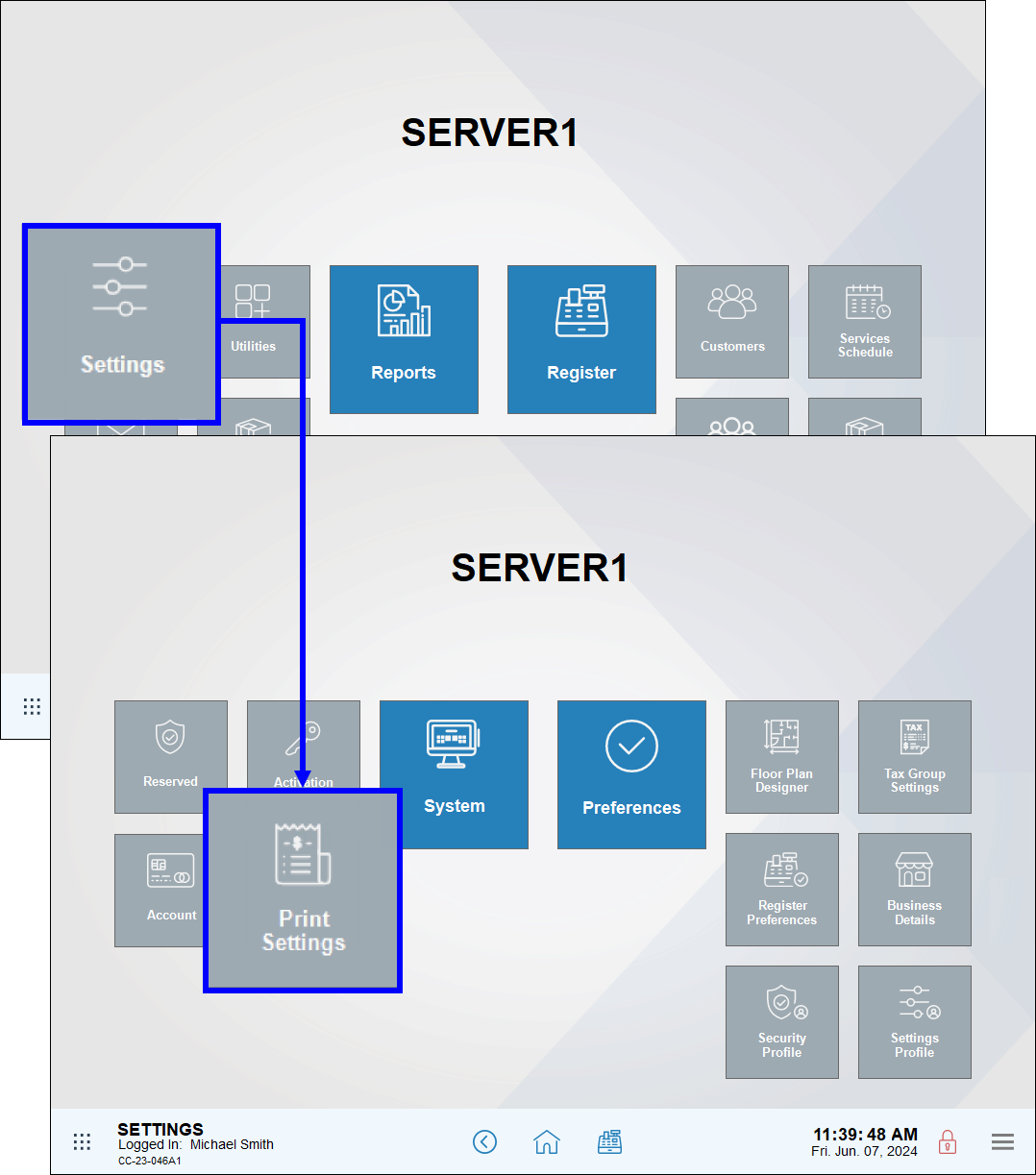 Settings module highlighted with arrow leading to print settings submodule