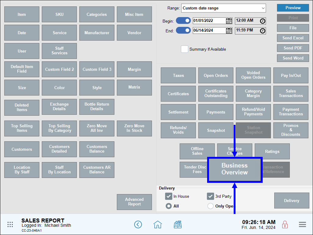 Business overview button highlighted on sales report screen