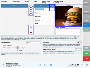 The Display settings tab. Screen Saver (CFD) is selected at the top of the screen, and there are blue boxes around arrows, + and -, and the "Sec(s)" column of the Images box (center). the Path box (left) and Image message box (right) are empty. The Preview box (right) has a picture of a cheeseburger in it. The Screen Saver settings (bottom left) are set to Default.