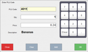 A grey window titled: "Enter PLU Code". On the left of the window, there are three text boxes: one for the PLU Code, one for the quantity (Qty), and one for the price. The PLU Code in this example is being edited to say 4011, so the text box is a light orange to show that is it active. The "Qty" is "1", and the "Price" is "0.24" - both are in white text boxes to show that they are inactive. Below these three text boxes, there is a "Description" field for the item associated with the PLU - in this case, "Bananas". On the right of the window, there is a dark grey number pad with white, vertically shaded buttons. From left to right, they read: First row: "7 8 9" Second row: "4 5 6" Third row: "1 2 3" Fourth row: "Clear 0 ." On the bottom of the window, there are four buttons: "Close Clear Add OK"