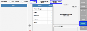 Grey screen with four "Image for:" options across the top: Lock Screen, Receipt, CFD, Screen Saver (POS), and Screen Saver (CFD). The last option's radio button is selected. Below, there are three boxes: an empty box titled "Path", a box for images, and a box for previews of the images. In the Images box, there are five in the list: Cheeseburger, Pizza, Hot Dogs, Dessert, and Wine. All are set in a second column to 5 second increments. The preview box has no image, but the text "706 x 481" and "Recommended Size 1280 x 800". There is a smaller "Image message" box below the preview box, but it has been cut off by the screenshot.