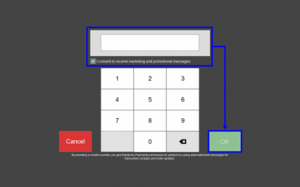 A dark grey box with a light grey text box and a light grey keypad beneath it. To the left and right of the bottom row of the keypad are the buttons Cancel (on the left in red) and OK (on the right in green). The text box has a blue border around it, with a blue arrow pointing from the text box to the OK button on the right side of the image.