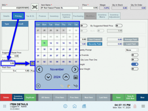 The Pricing tab in Item Details. There is an arrow from the Pricing tab to the Future Price amount textbox, which said "5.99". There is an arrow from the textbox to the calendar icon, which has a calendar displayed next to it. The current date is November 11, 2024.