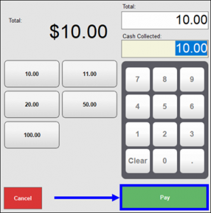 A grey window with a touch pad on the right for entering the payment amount, and some pre-programmed buttons on the left with possible whole-dollar amounts (10.00, 11.00, 20.00, 50.00, and 100.00). There is a blue box around the green Pay button on the bottom right of the photo, with a blue arrow pointing toward it from the left. 