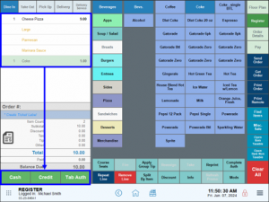 The Register screen of the Exatouch device. There is a blue box around the order on the left, and an arrow attached to the box points towards the bottom of the screen where the payment options are in green. The options are: Cash, Credit, and Tab Auth.