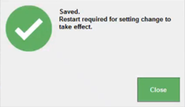 A confirmation window that appears when staff details information is updated and saved. The window says: "Saved. Restart required for setting change to take effect." There is a green close button in the bottom right of the window.