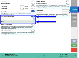 The Security tab in the Settings > Preferences window. In the left-hand column, there is a blue box and arrows highlighting the One-Time Supervisor PINs section. The toggle is enabled, and "Admin" is an option in the dropdown below it.