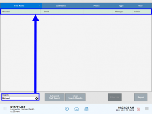 The Staff List window, with the staff member Michael Smith selected. In the sear bar at the bottom of the window, the name "Michael" can be seen, indicating that the user searched the name to find the desired employee. 