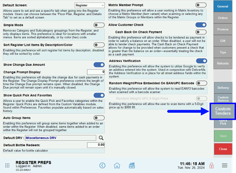 Custom payment tender buttons register preferences page step 2