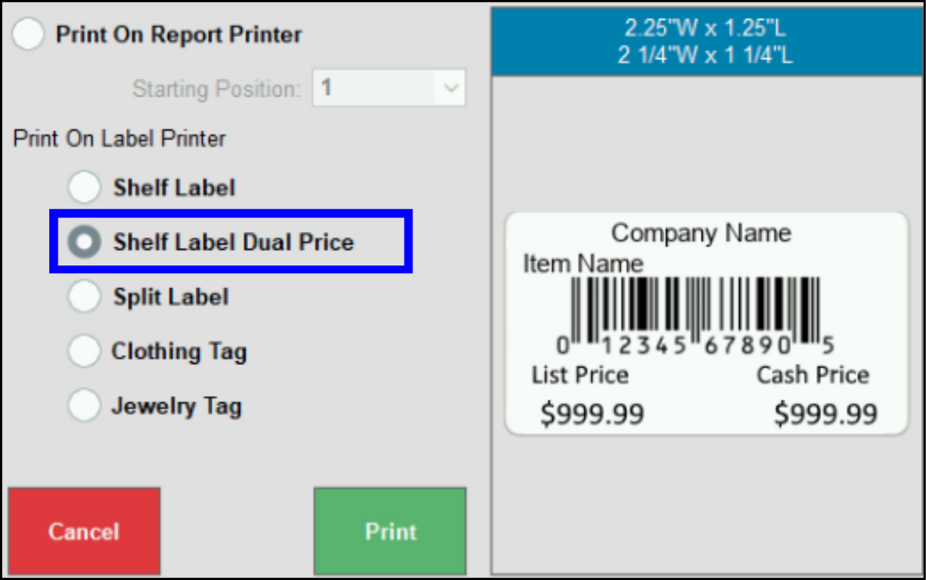 Shelf labels dual price sample