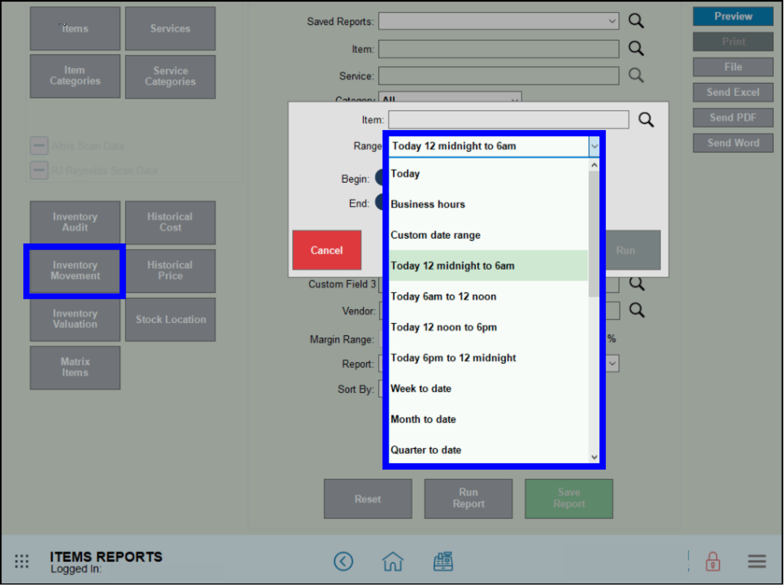 Inventory Movement Reports dropdown fields for report parameters