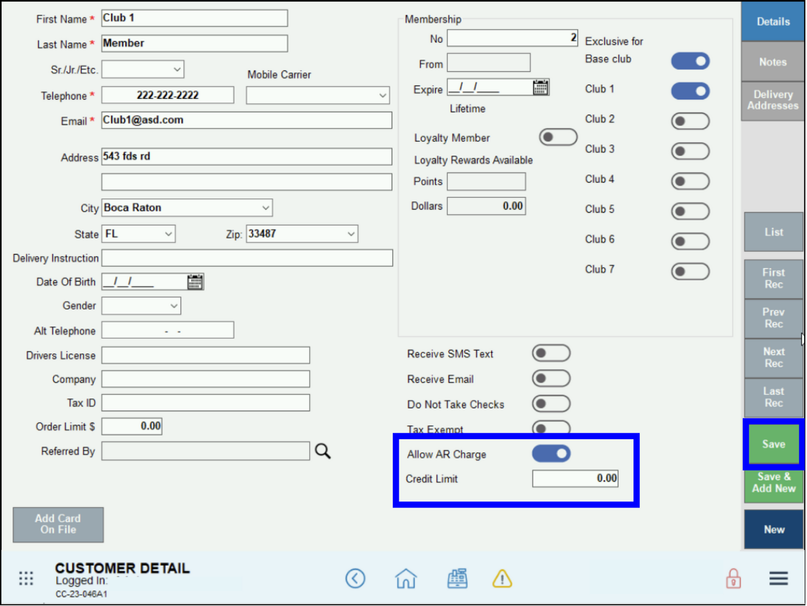 AR Charging and Credit Limits customer detail screen with active toggle