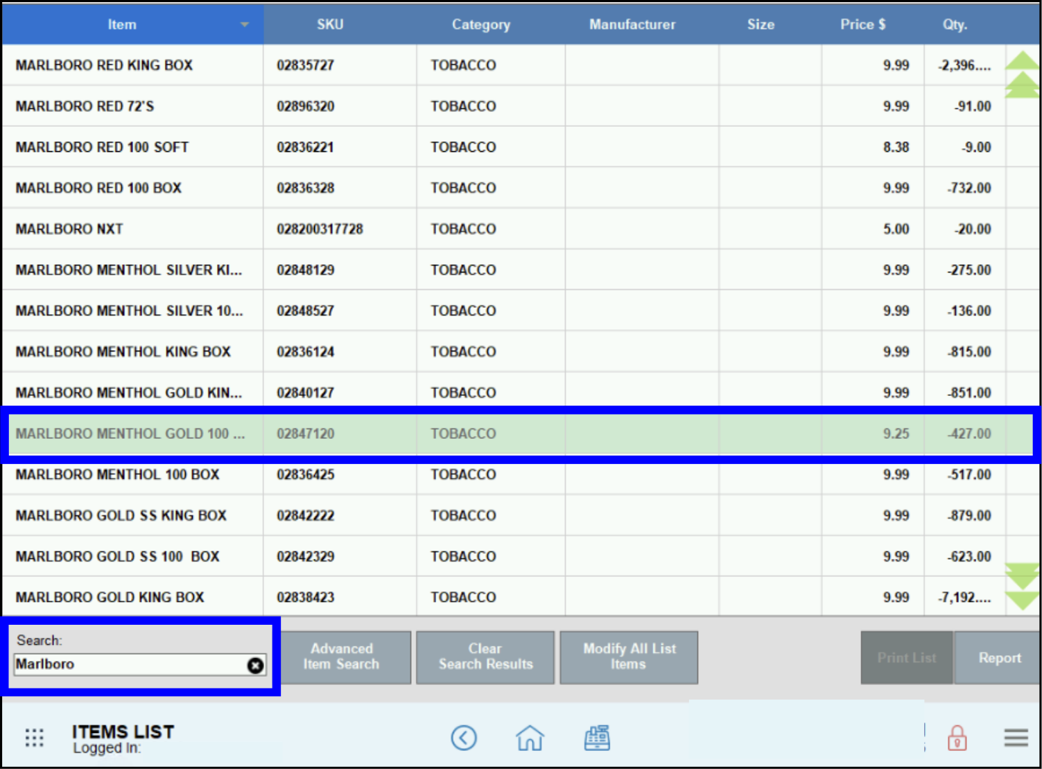 Scan Data Altria - Items List Search and Selection