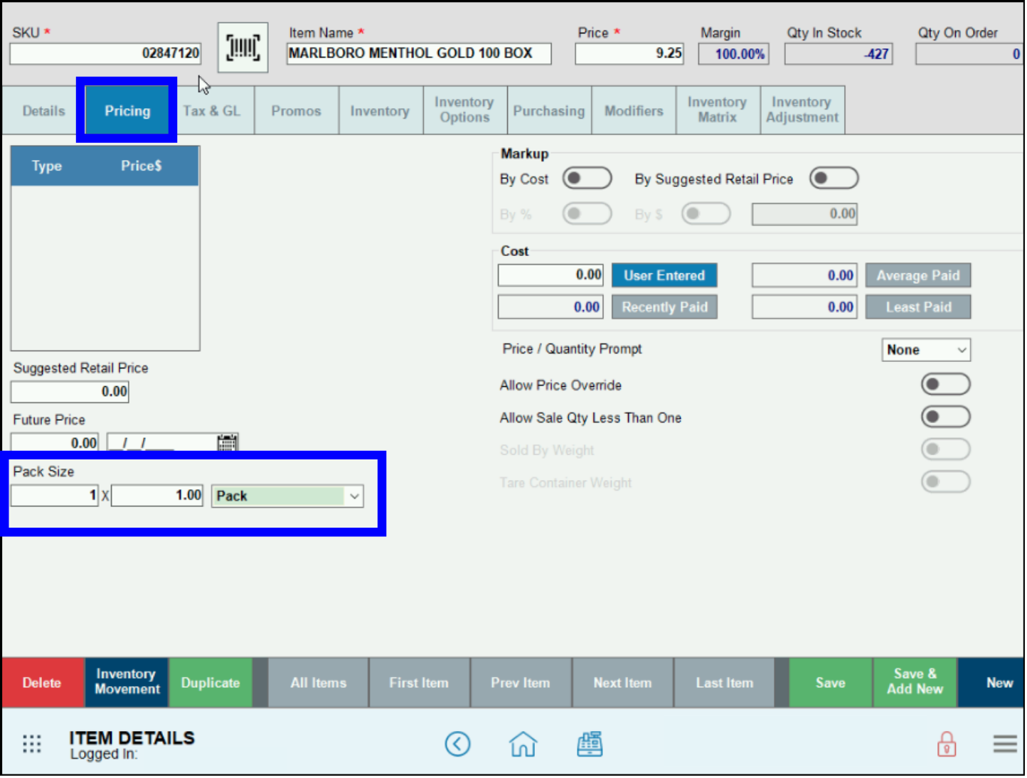 Scan Data Altria - pricing tab with pack size price entered