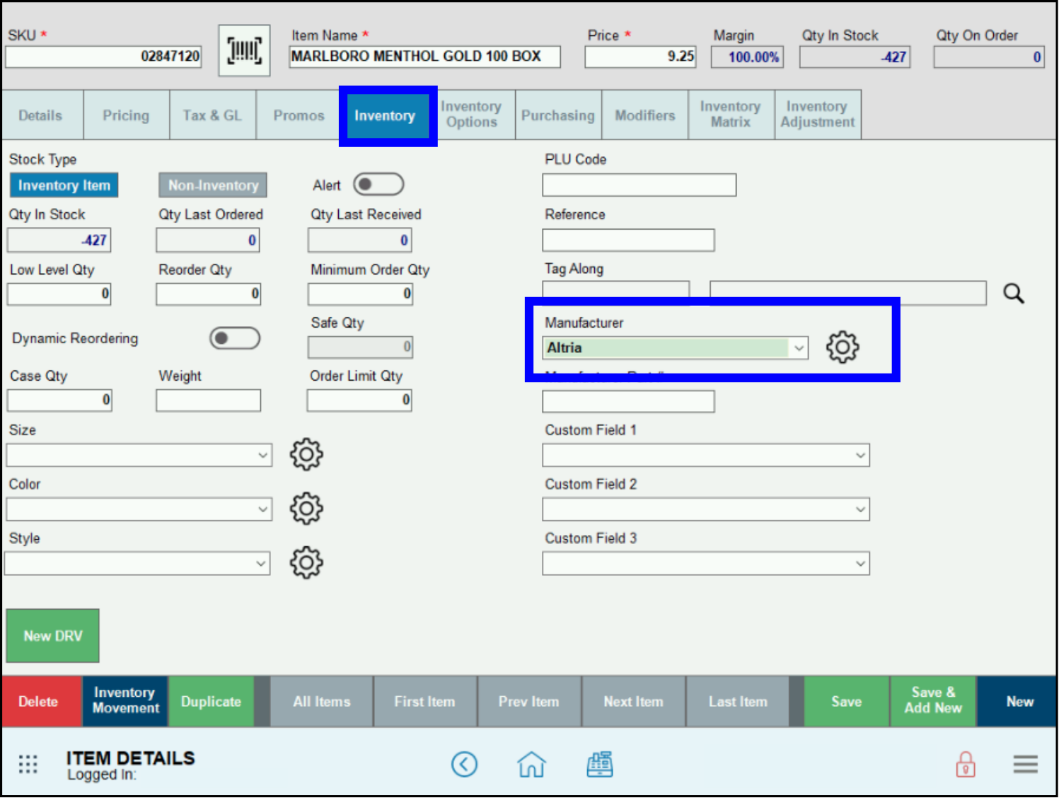 Scan Data Altria - Inventory tab with manufacturer name selected