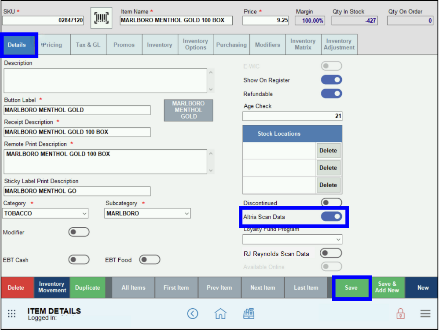 Scan Data Altria - Details tab with Scan Data Altria toggle activated