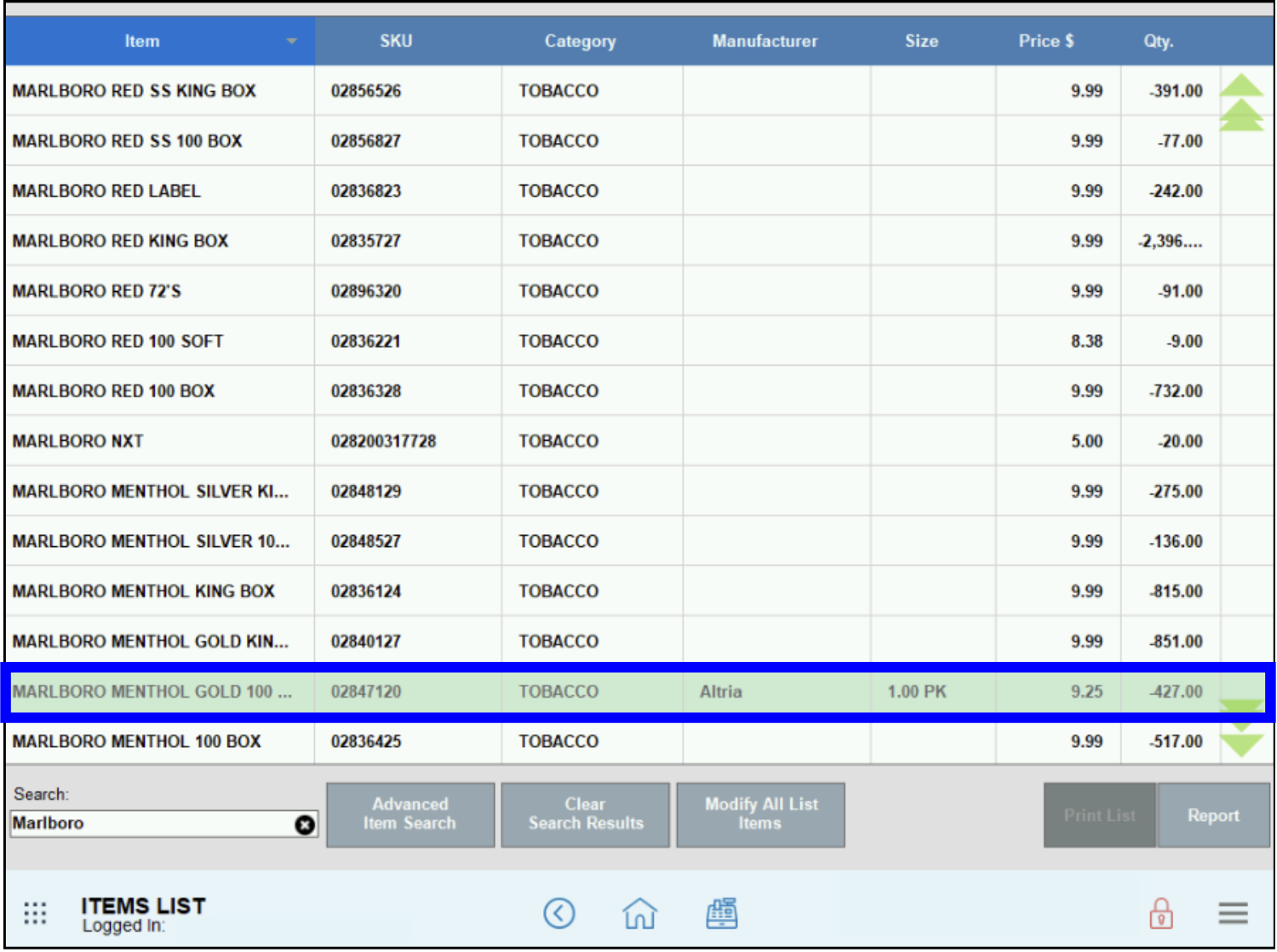 Scan Data Altria - Select item from items list