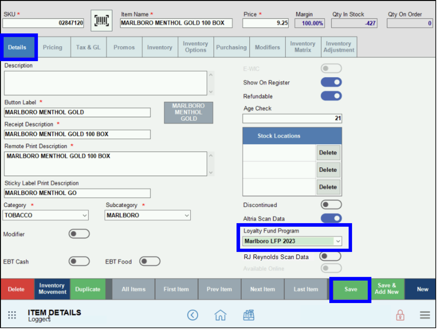 Scan Data Altria - select LFP program name from dropdown list