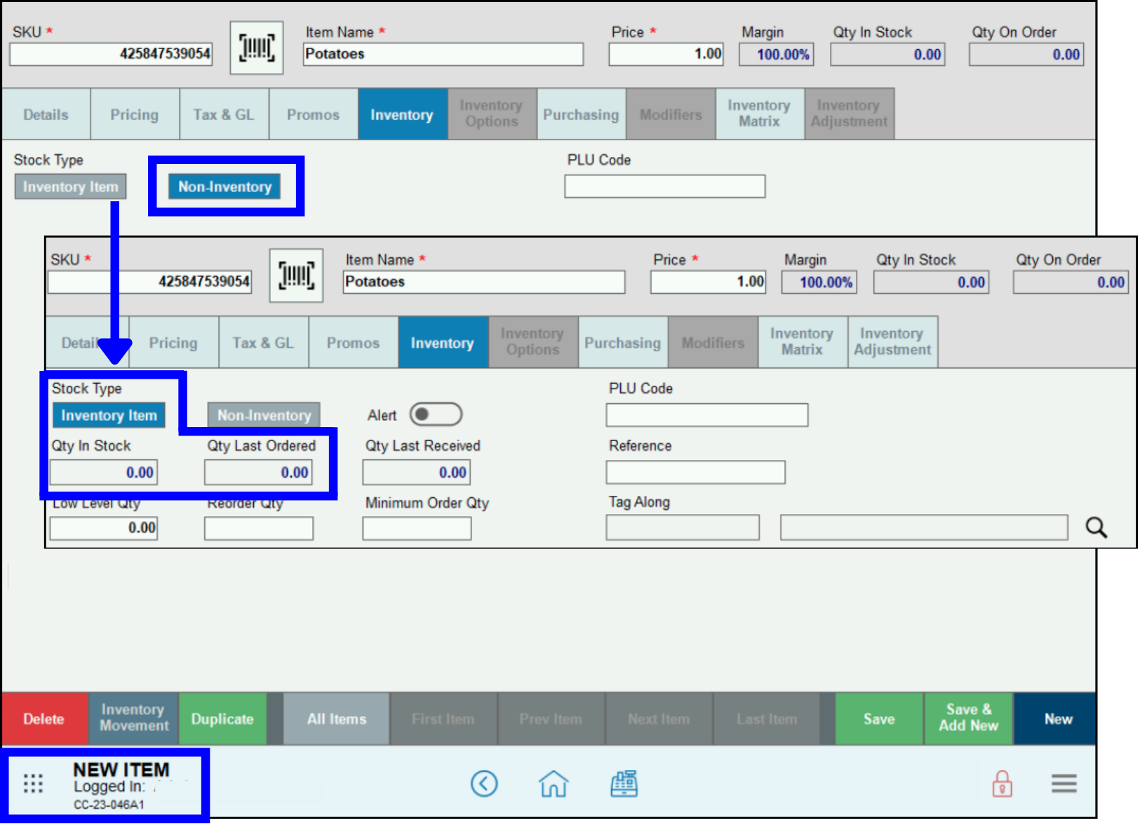 Inventory matrix - inventory tab with inventory vs non inventory selected