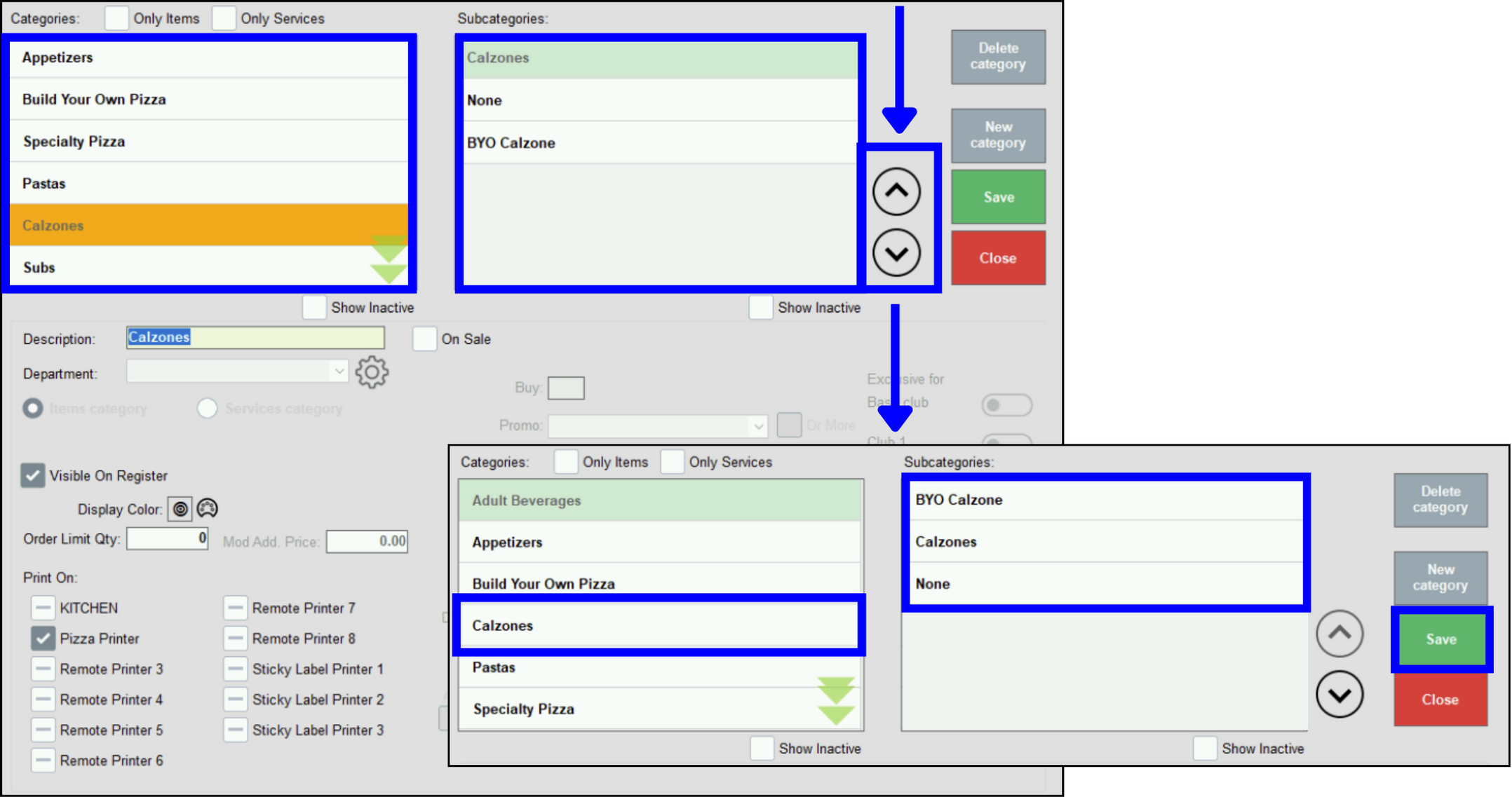 Reorganize categories and subcategories by using up and down arrows in Category work area