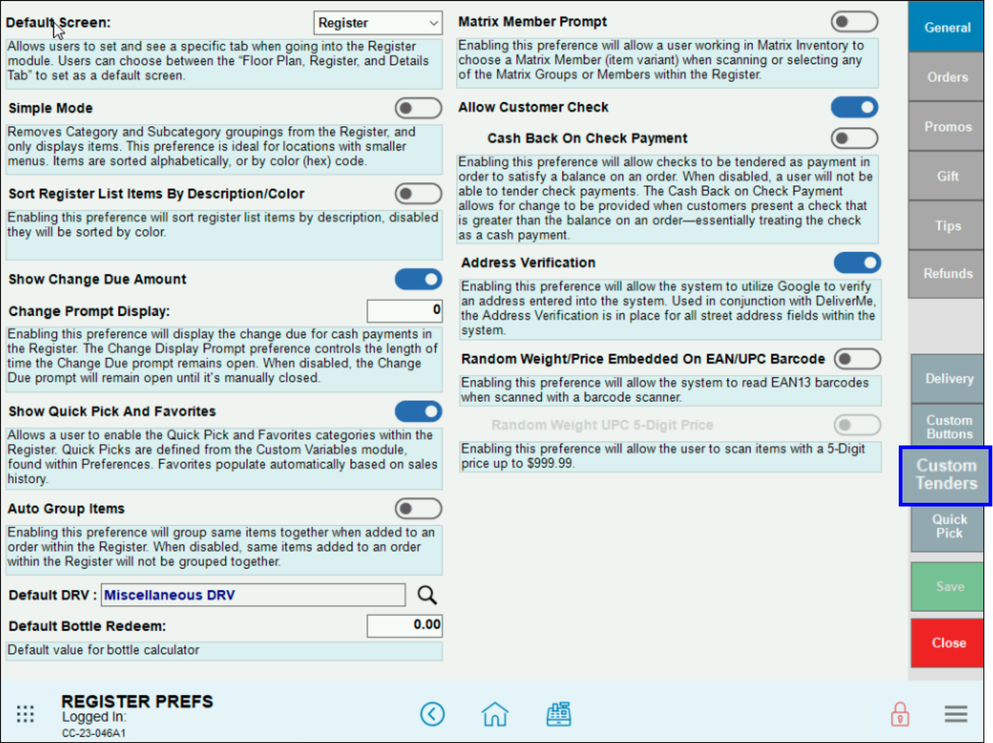 Custom payment tender buttons register preferences page step 2