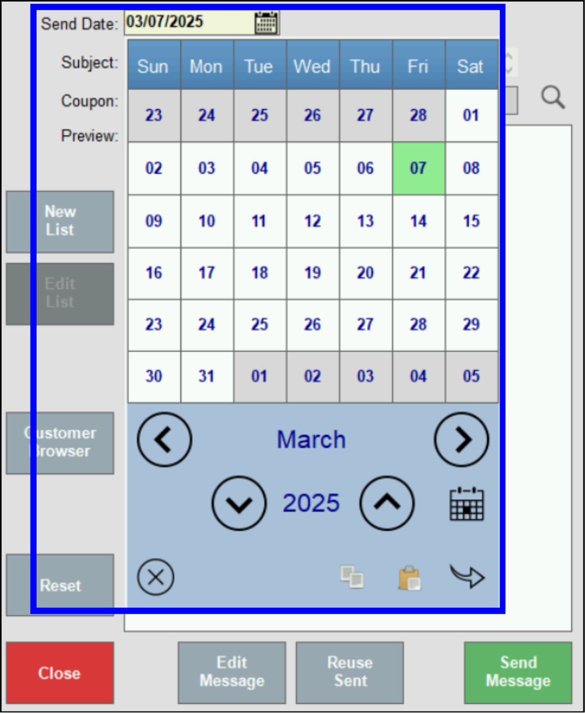 Send date field and March 7 calendar highlighted on pop-up screen