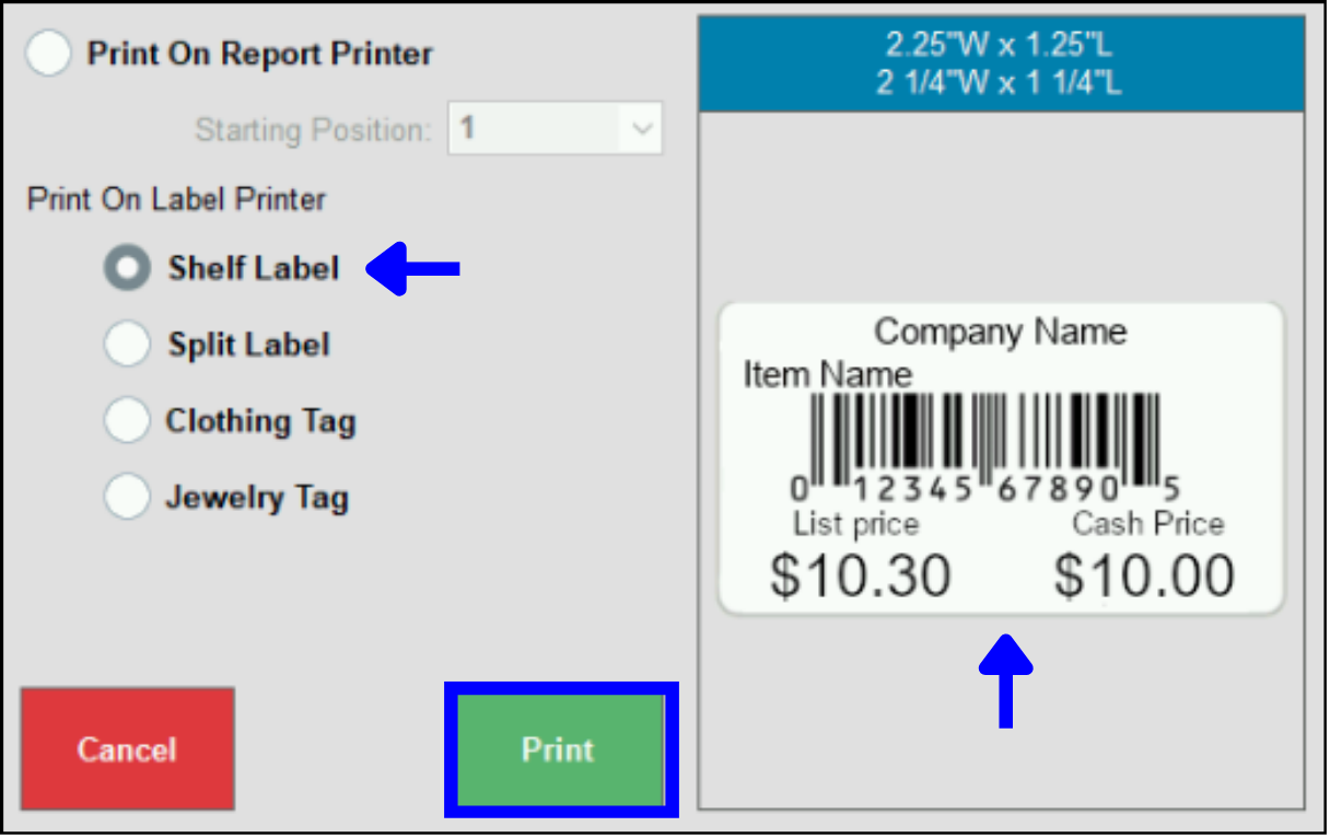 Dual Pricing label example showing List and Cash price
