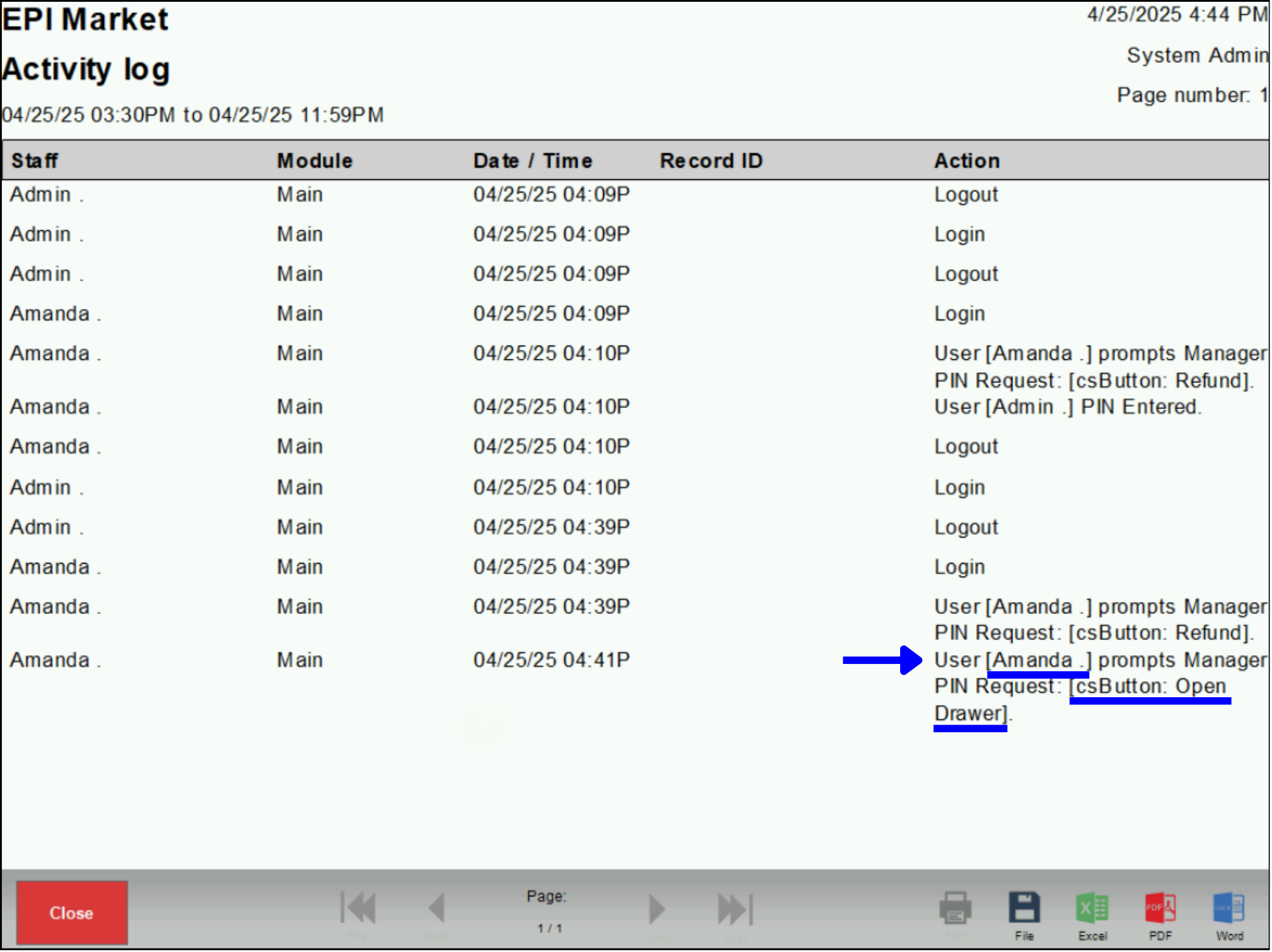 Activity log report showing unauthorized user attempts to access cash drawer with manager PIN