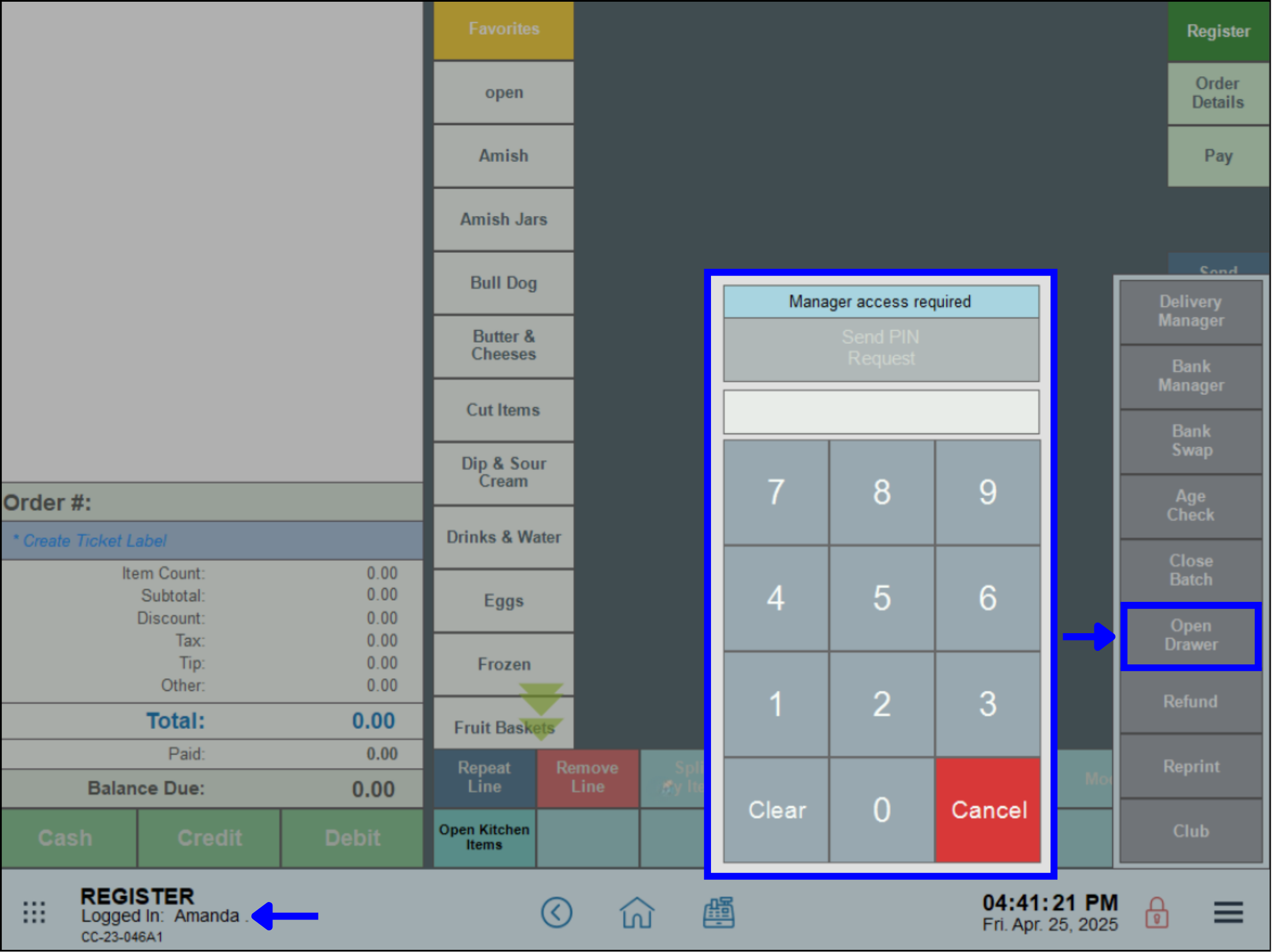 Register menu showing manager PIN requested for Open Cash Drawer function