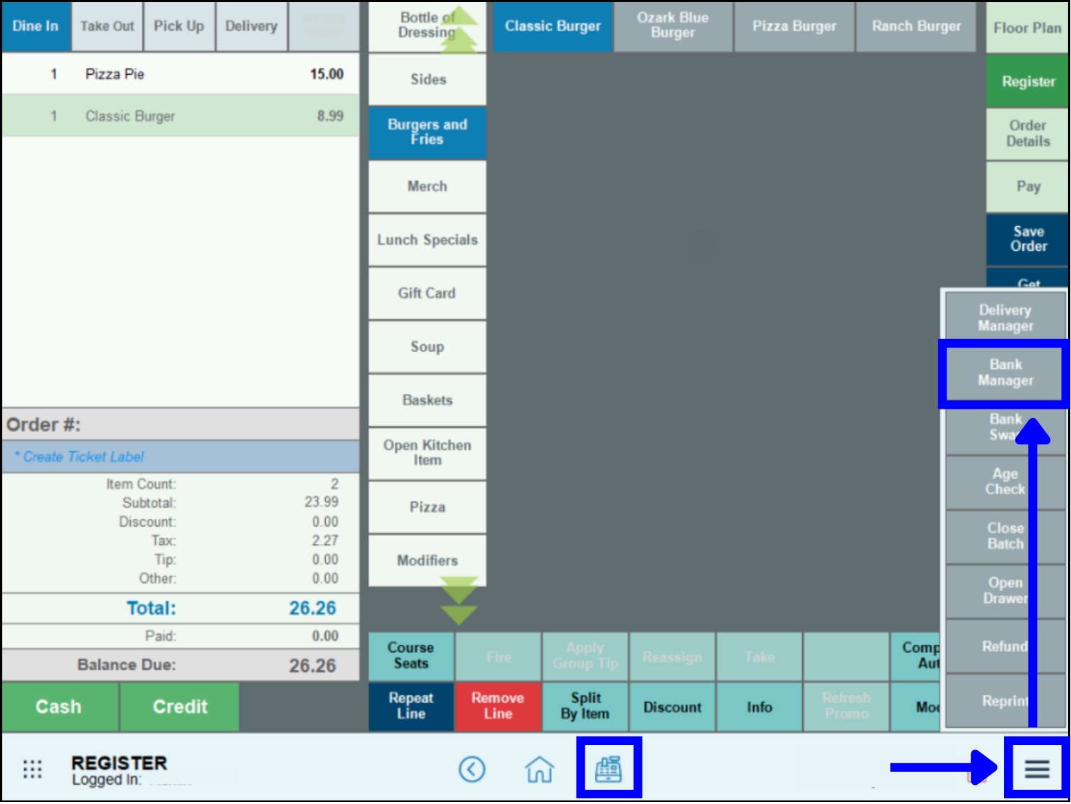 Select bank manager tab from universal menu on register screen to create a bank