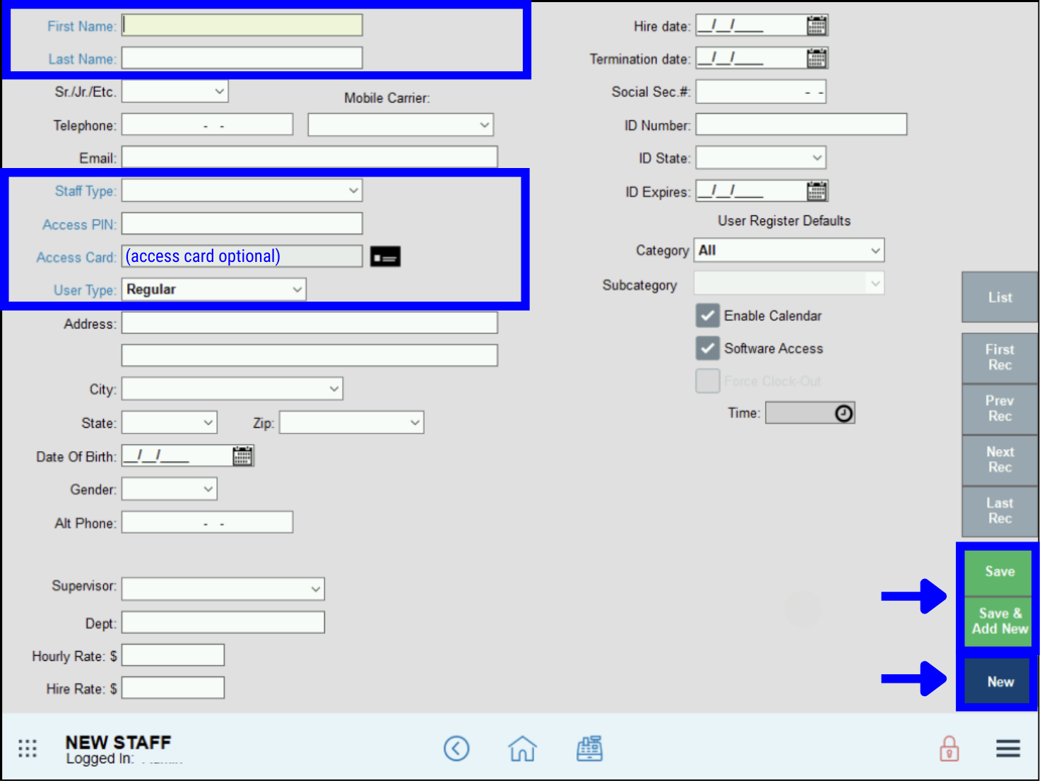 Add a new employee new information save or save and add new access card optional
