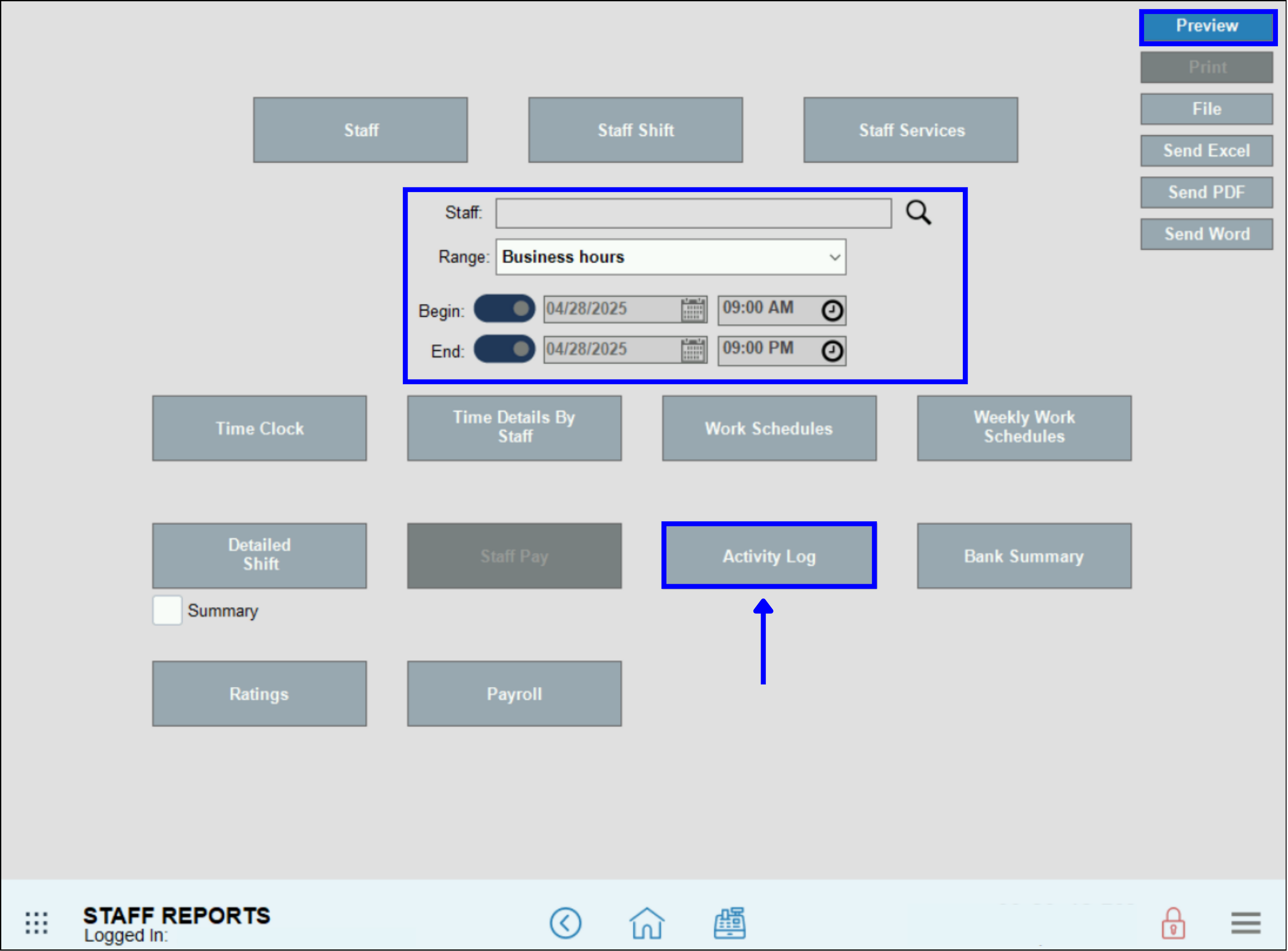 Activity Log set parameters for activity log report and preview