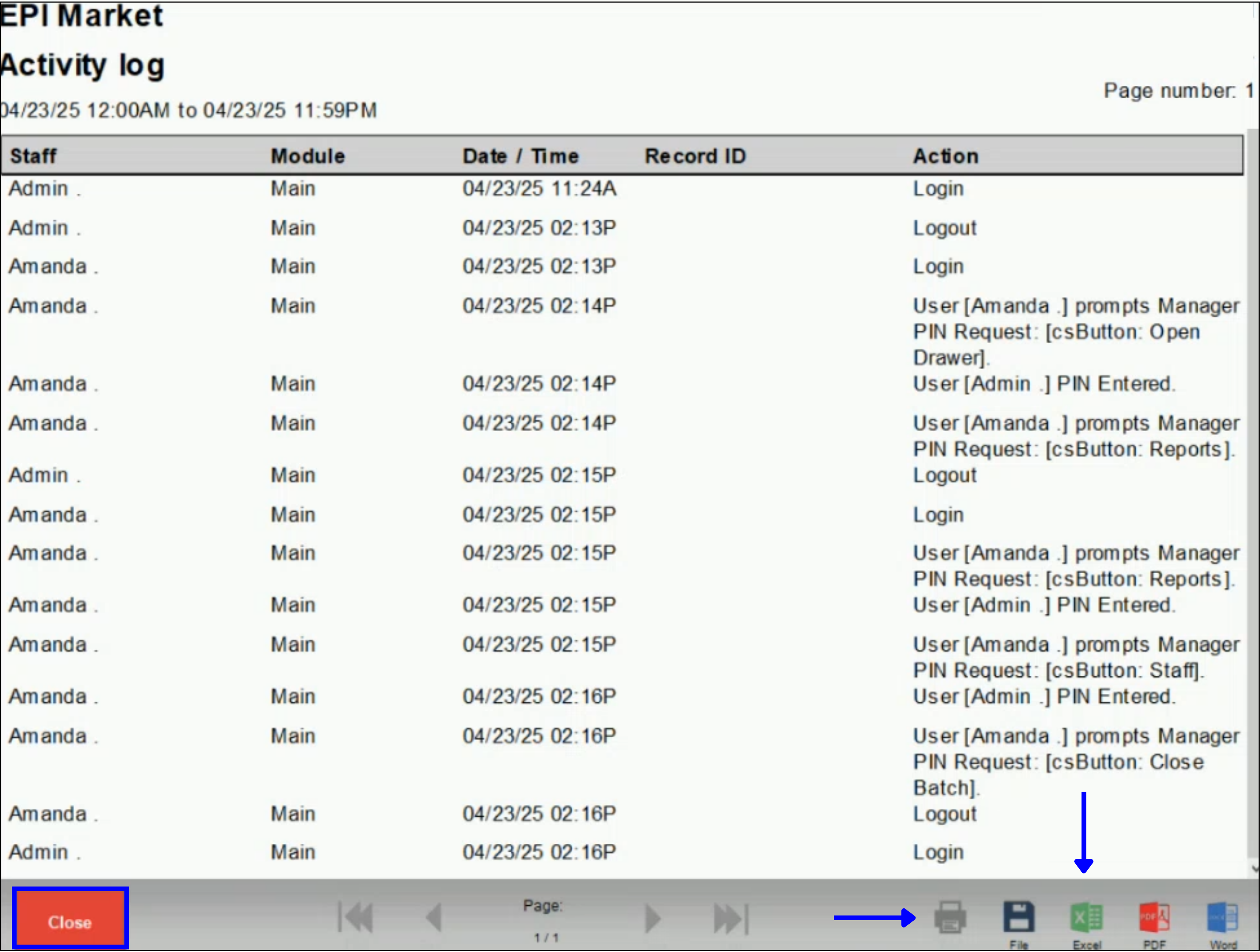 Activity Log report preview showing save and send email in various formats options