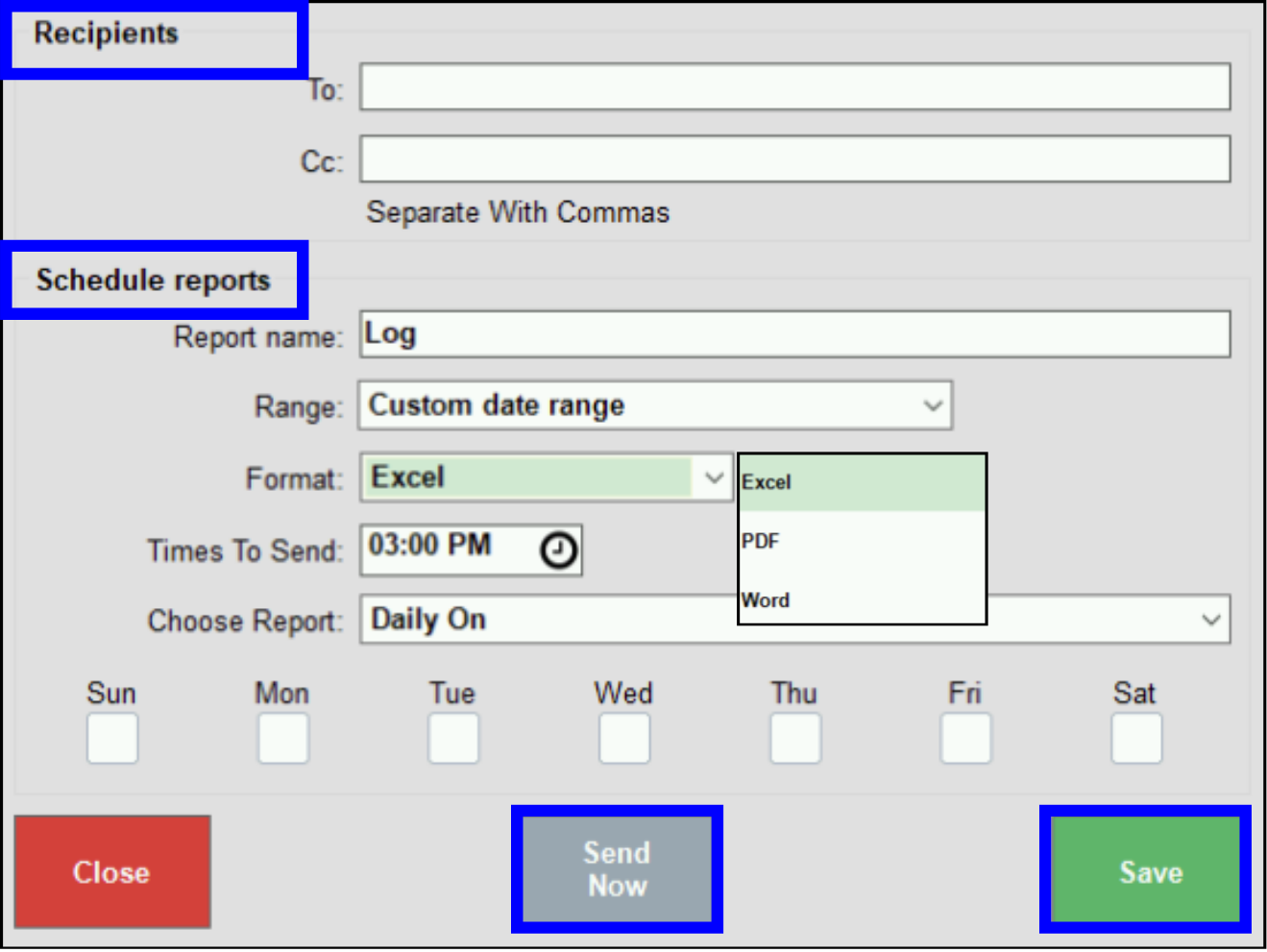 Activity log window showing save print and email options for report