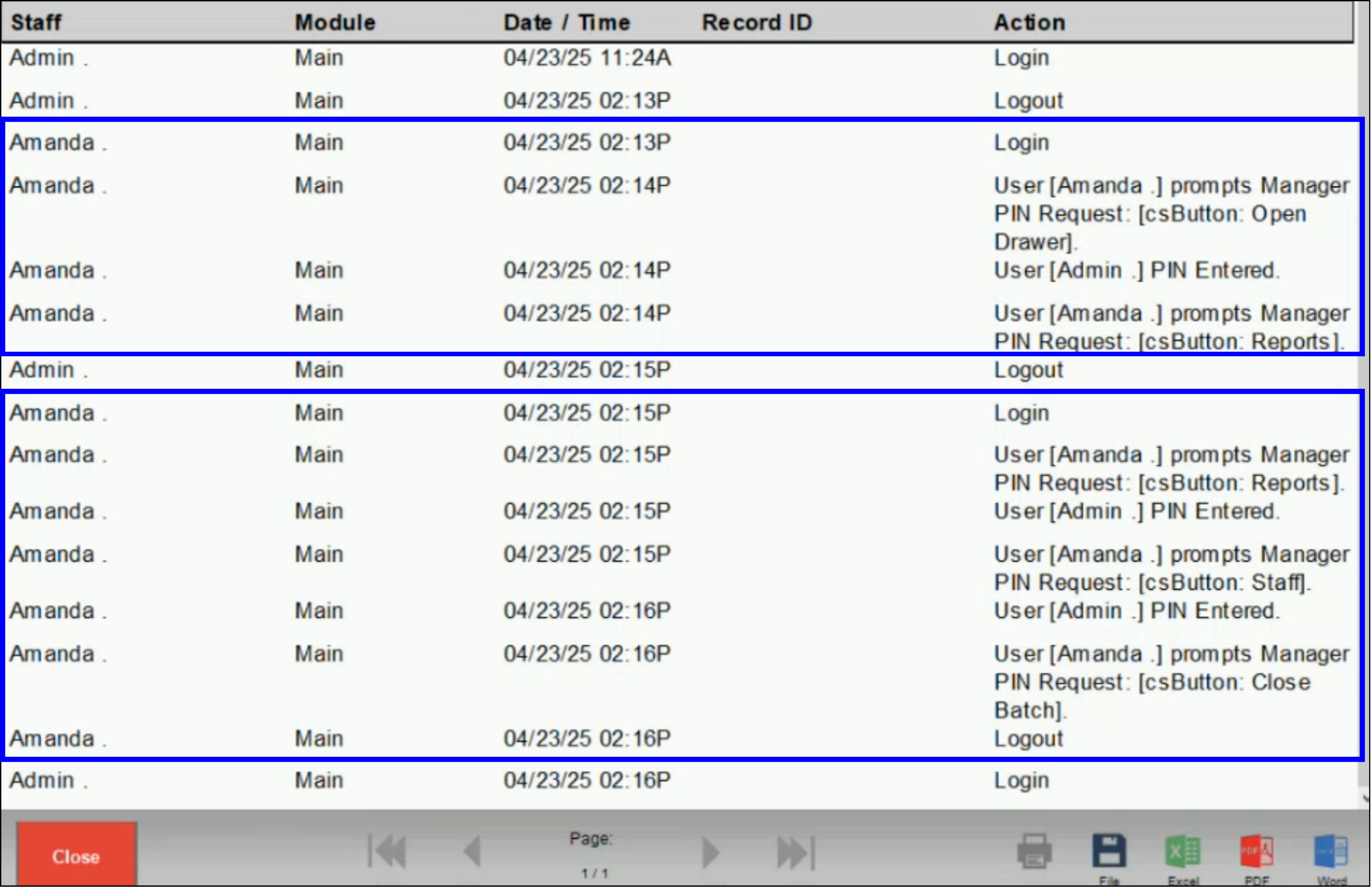 Activity log tracking activity of staff member and manager
