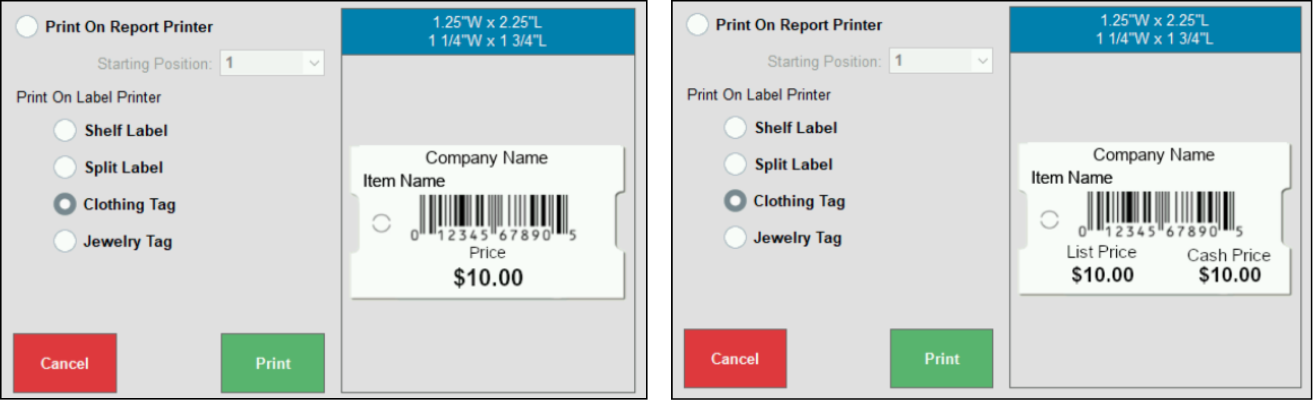 Clothing tags sample with list and dual pricing