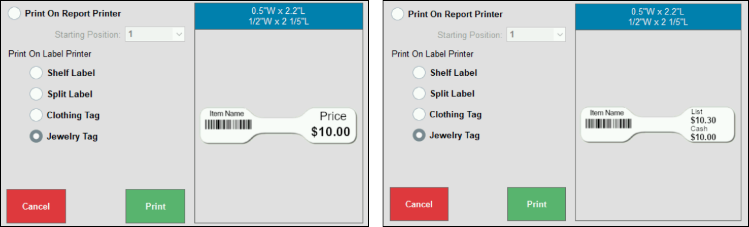 Jewelry tags sample with list and dual pricing
