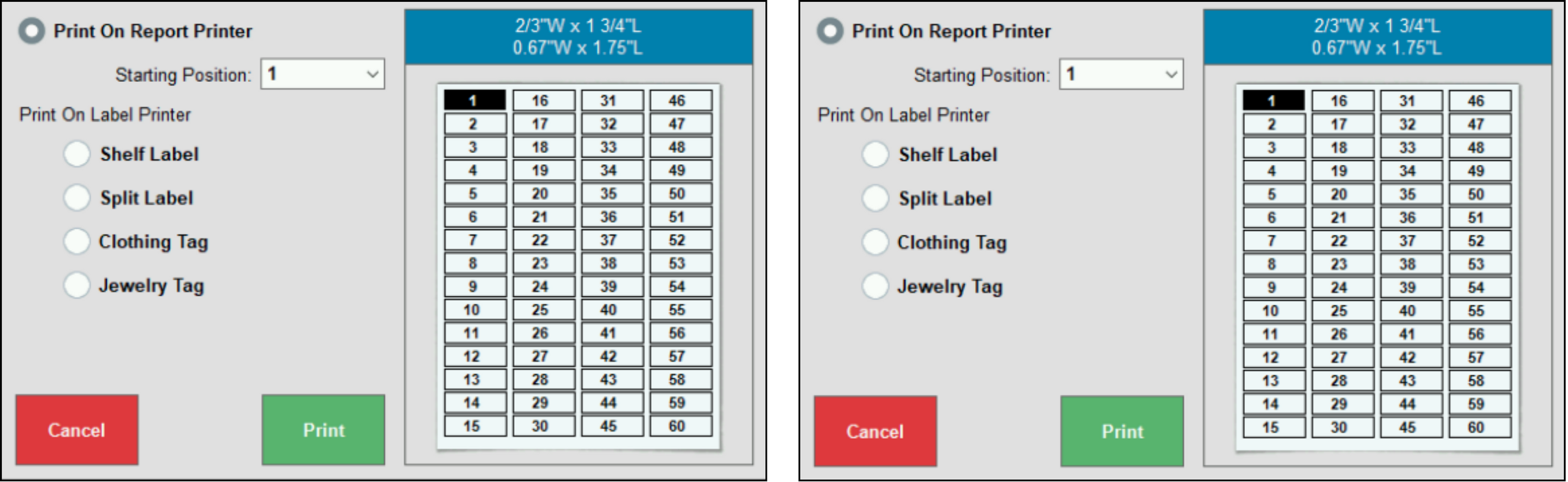 Sheet labels sample with list and dual pricing