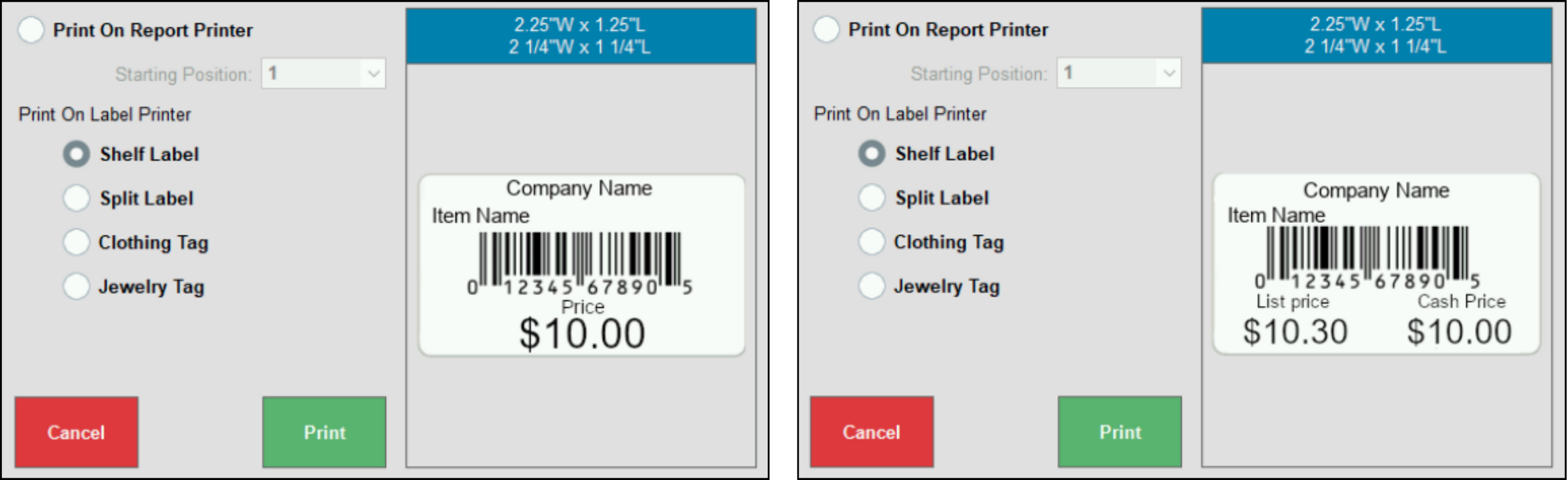 Shelf labels sample with list and dual pricing