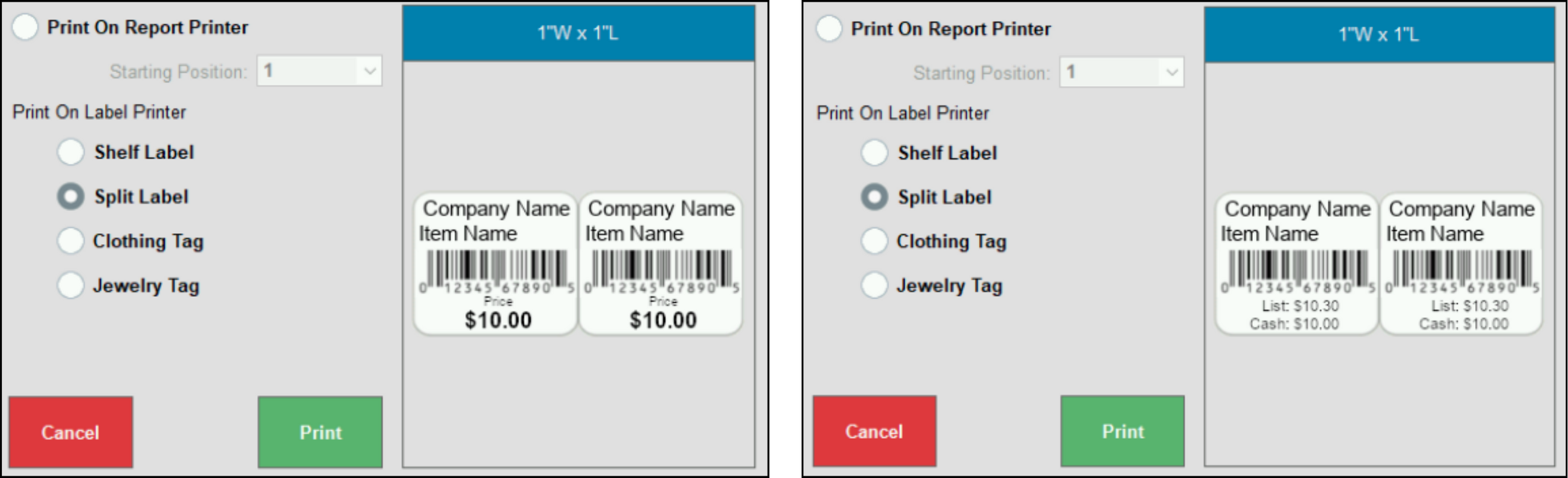 Split labels sample with list and dual pricing