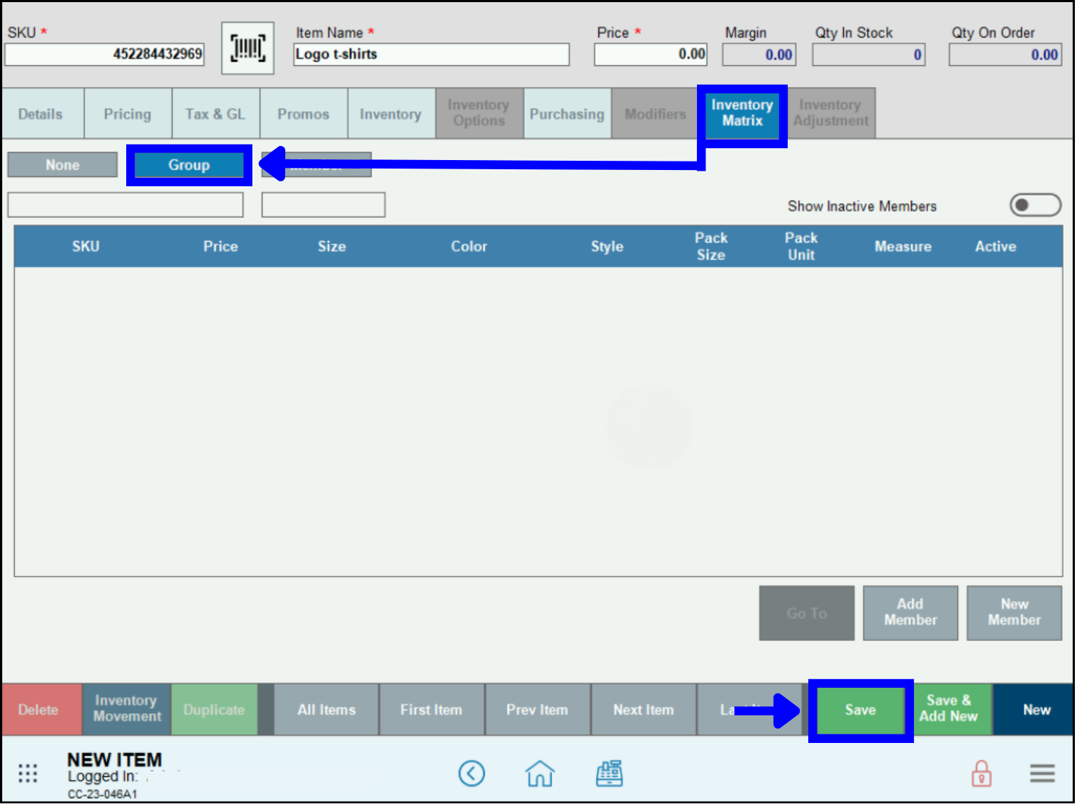Tap Inventory Matrix tab, select Group button, and click Save