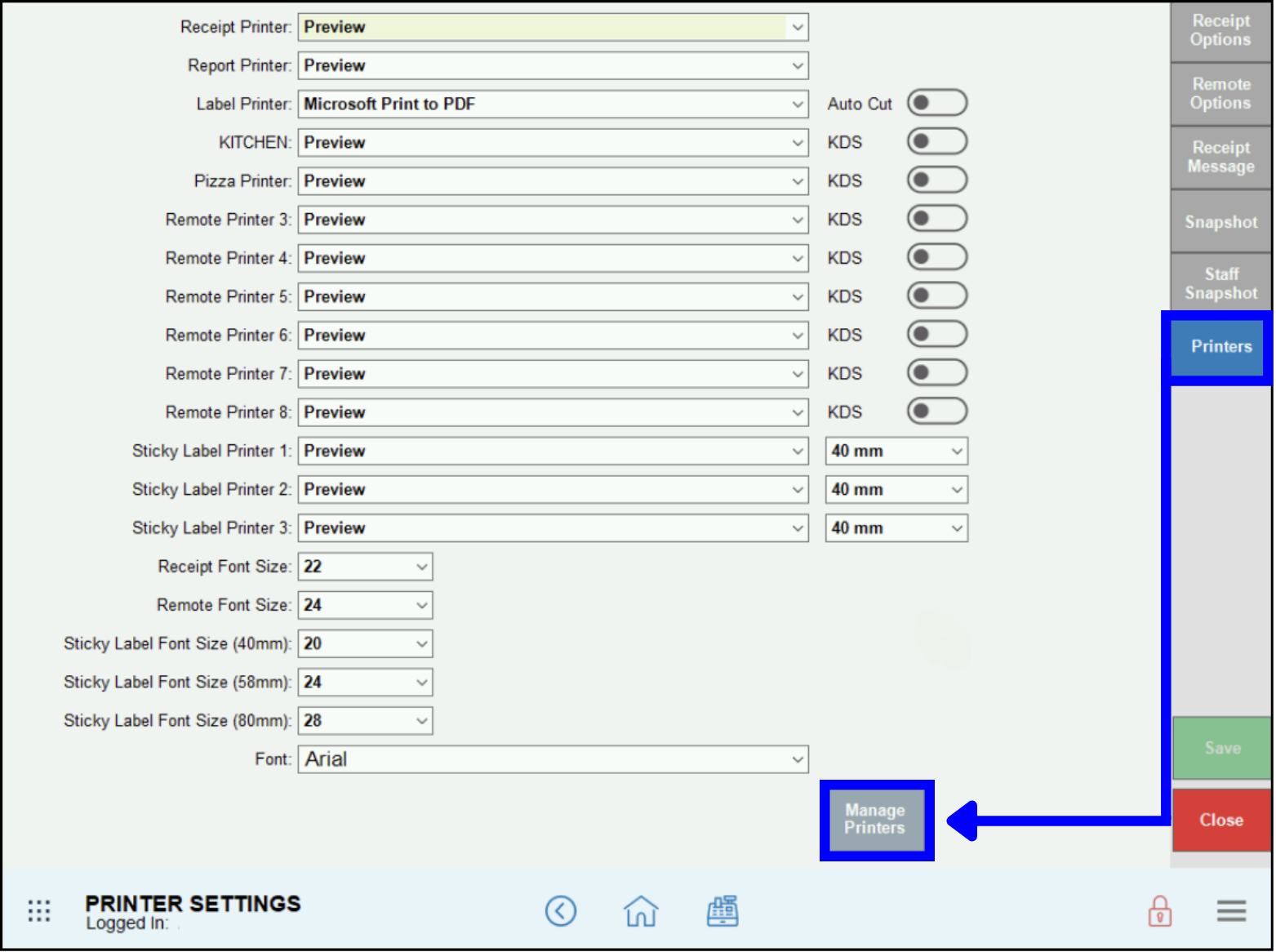 Troubleshooting Printers - Navigation path to bring up kitchen printer status in Printer Settings screen