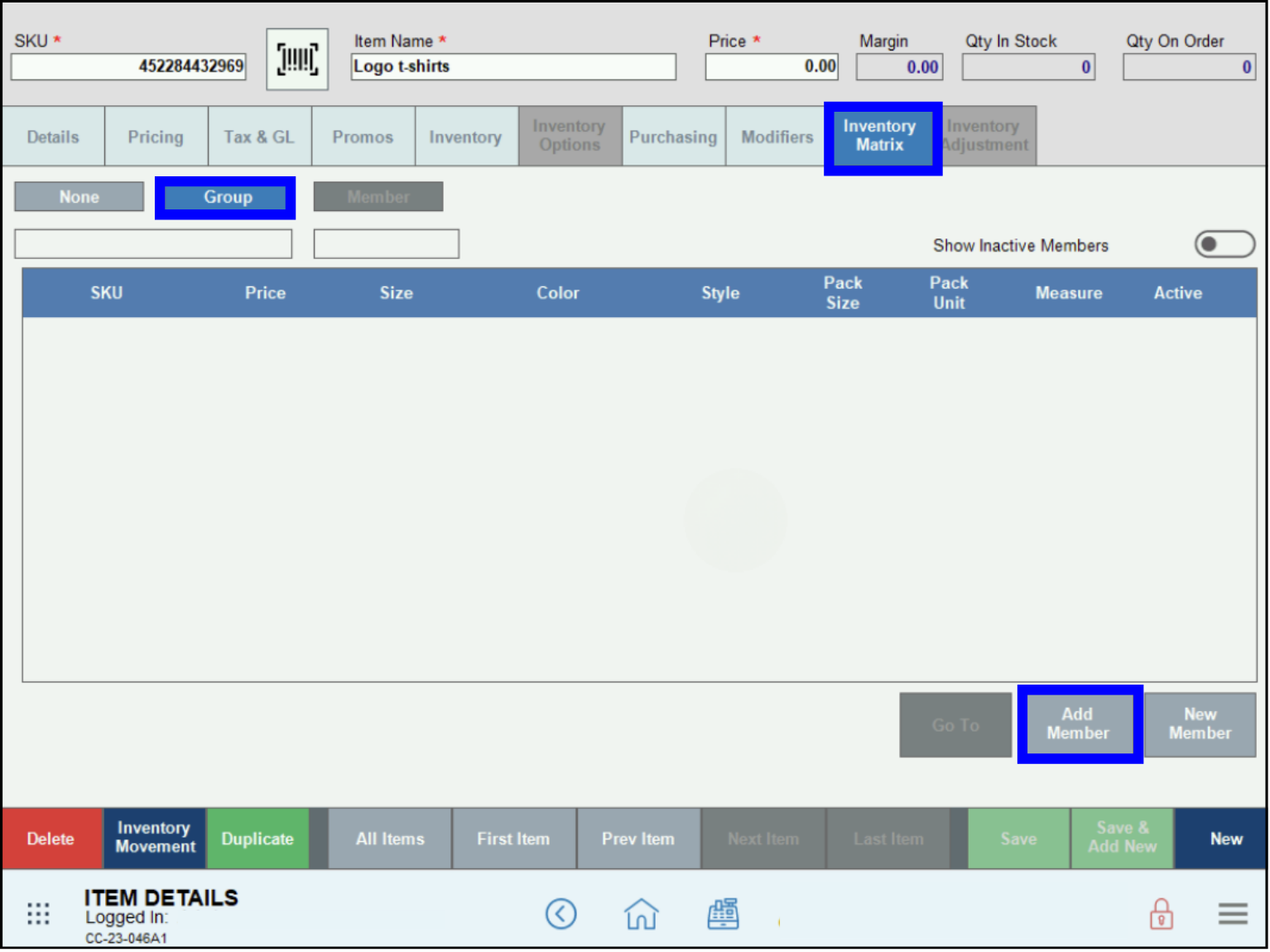 Add member from the Inventory Matrix tab