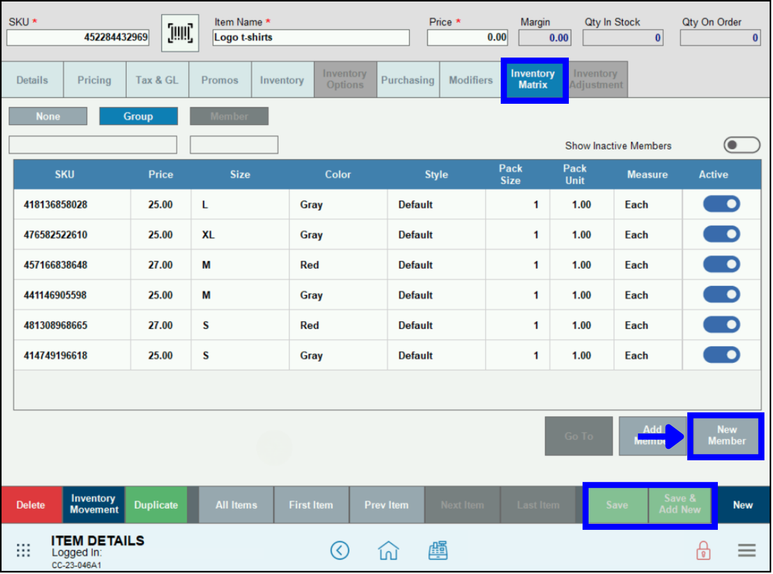 Add a new member on the Inventory Matrix tab